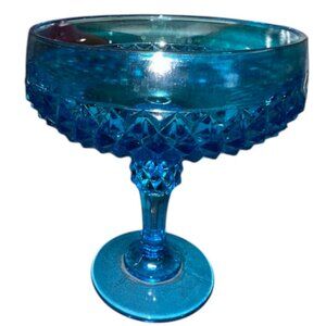 Vintage Blue Diamond Point Indiana Glass Footed Candy Bowl